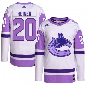 Youth Danton Heinen Vancouver Canucks Adidas Authentic White/Purple Hockey Fights Cancer Primegreen Jersey