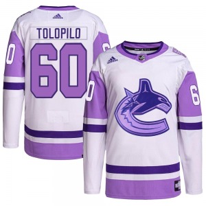 Youth Nikita Tolopilo Vancouver Canucks Adidas Authentic White/Purple Hockey Fights Cancer Primegreen Jersey